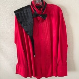 Red Tuxedo shirt with black tie and cummerbund.